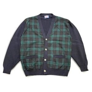 Vintage 80s Pendleton 100% Wool Cardigan Men Large Tartan Navy Green Made in USA